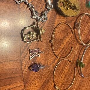 Gold Tone Bangle Bracelet Set with Purple Pendant, geode pendant and more